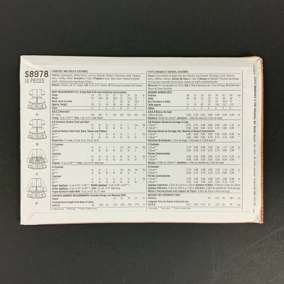 Simplicity S8978 Girls & Toddlers Costume Sewing Pattern Sz 1/2-1-2 - Picture 2 of 3